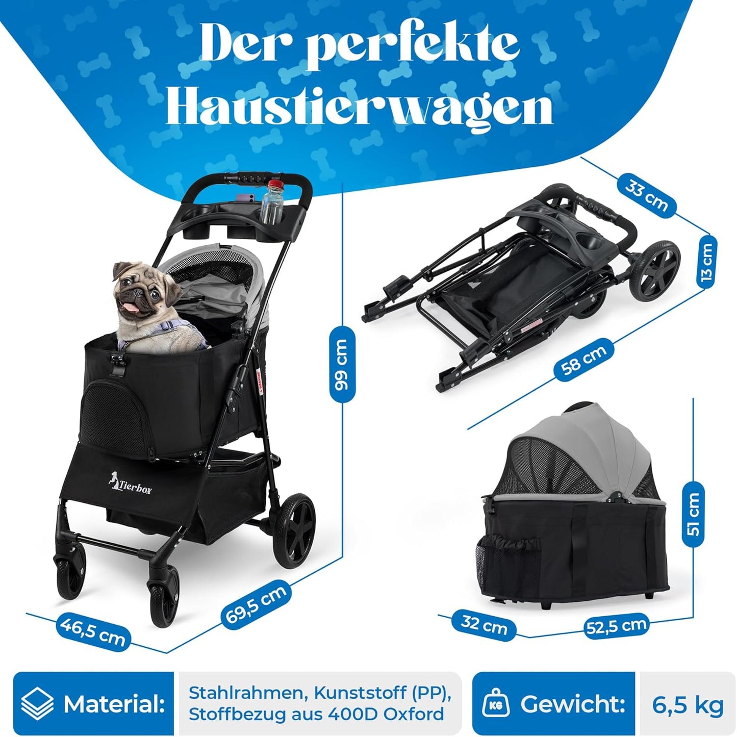 Klappbarer Hundebuggy bis 15 kg Traglast, Grau