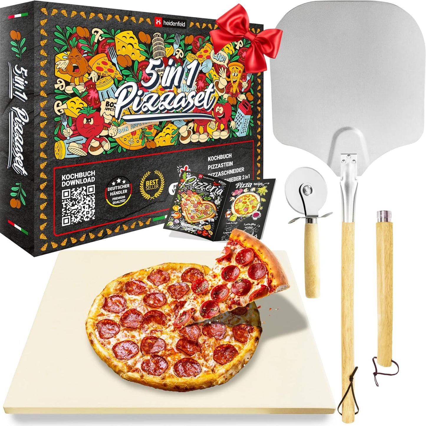 5in1 Pizza-Set mit Pizzastein und Zubehör
