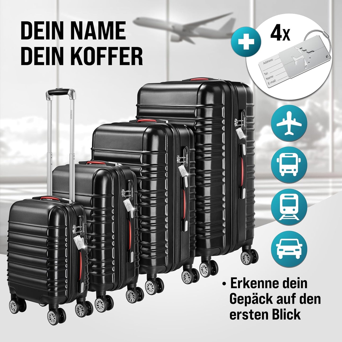Hartschalenkoffer mit Zubehör 4er Set, Schwarz