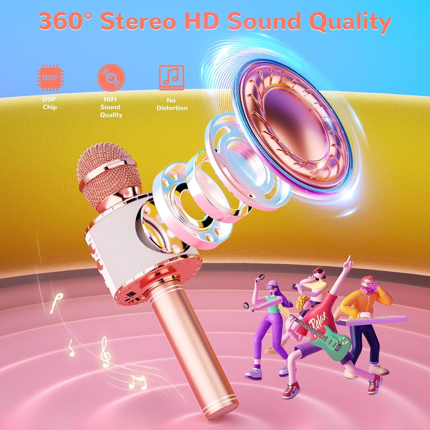 LED Karaoke Mikrofon Kinder mit Stimmenverzerrer, Roségold