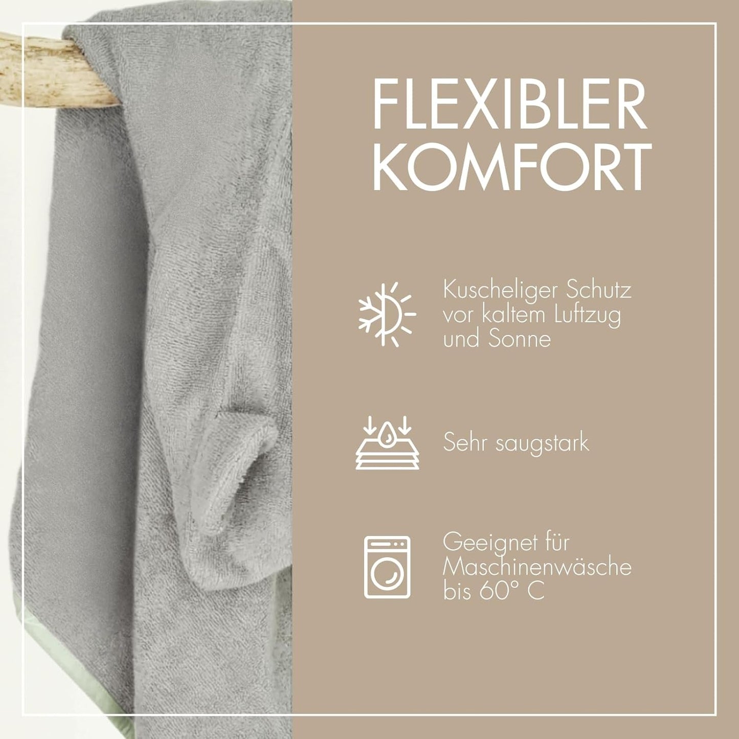 Kapuzenhandtuch für Babys und Kleinkinder aus Frottee, Grau Kapuze mit Ohren