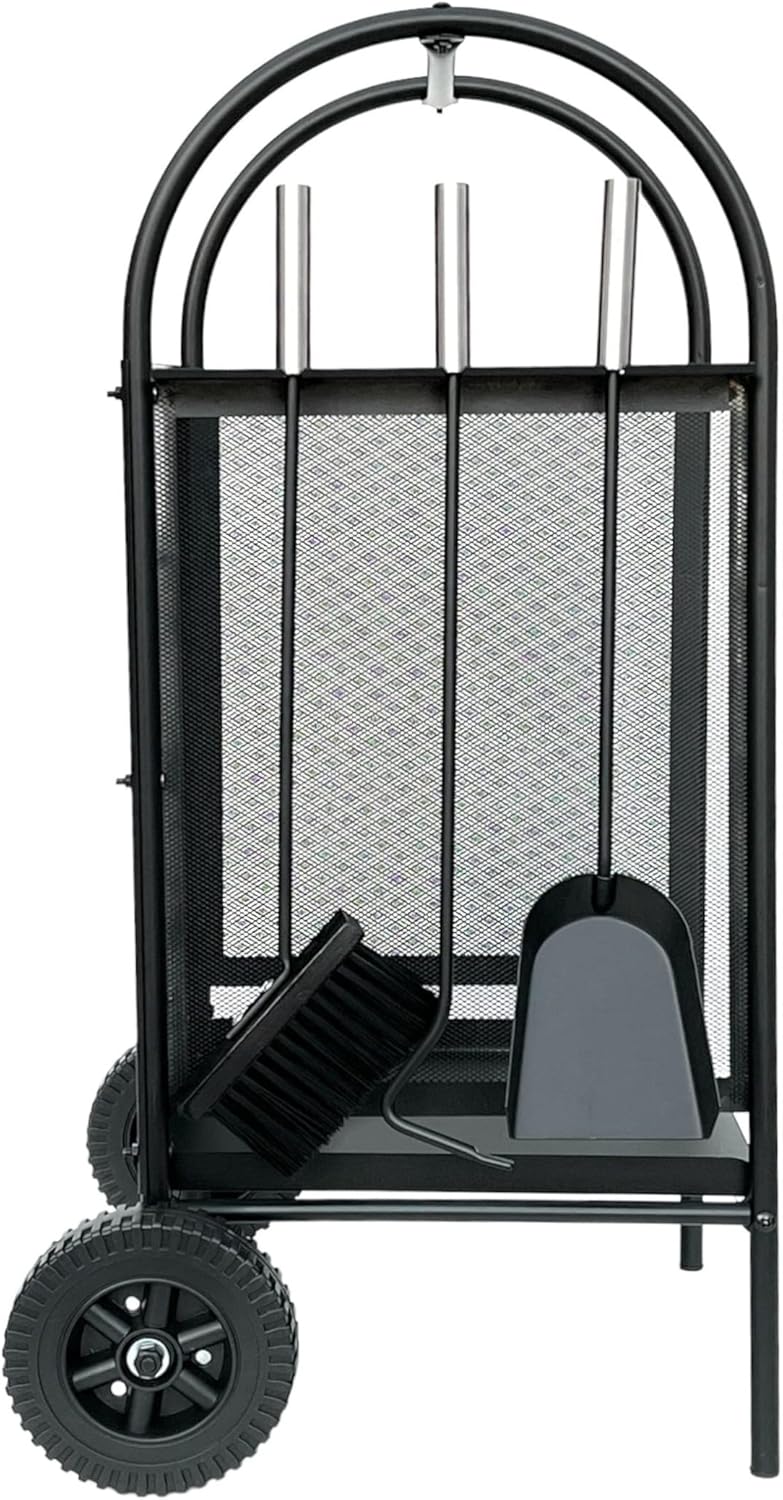Kaminholzregal mit Kaminbesteck und Rädern