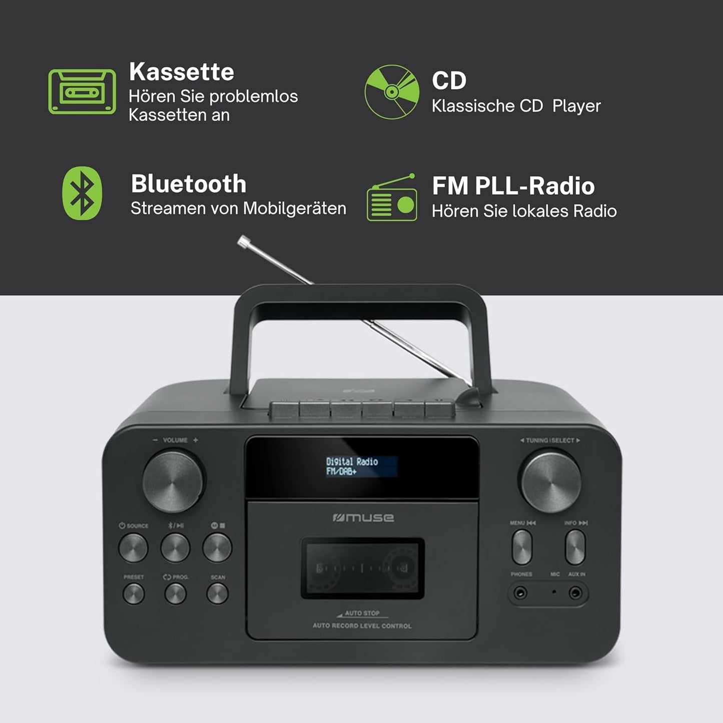 Tragbares DAB+ Radio M-182DB mit CD- und Kassettenspieler, DAB / UKW Tuner