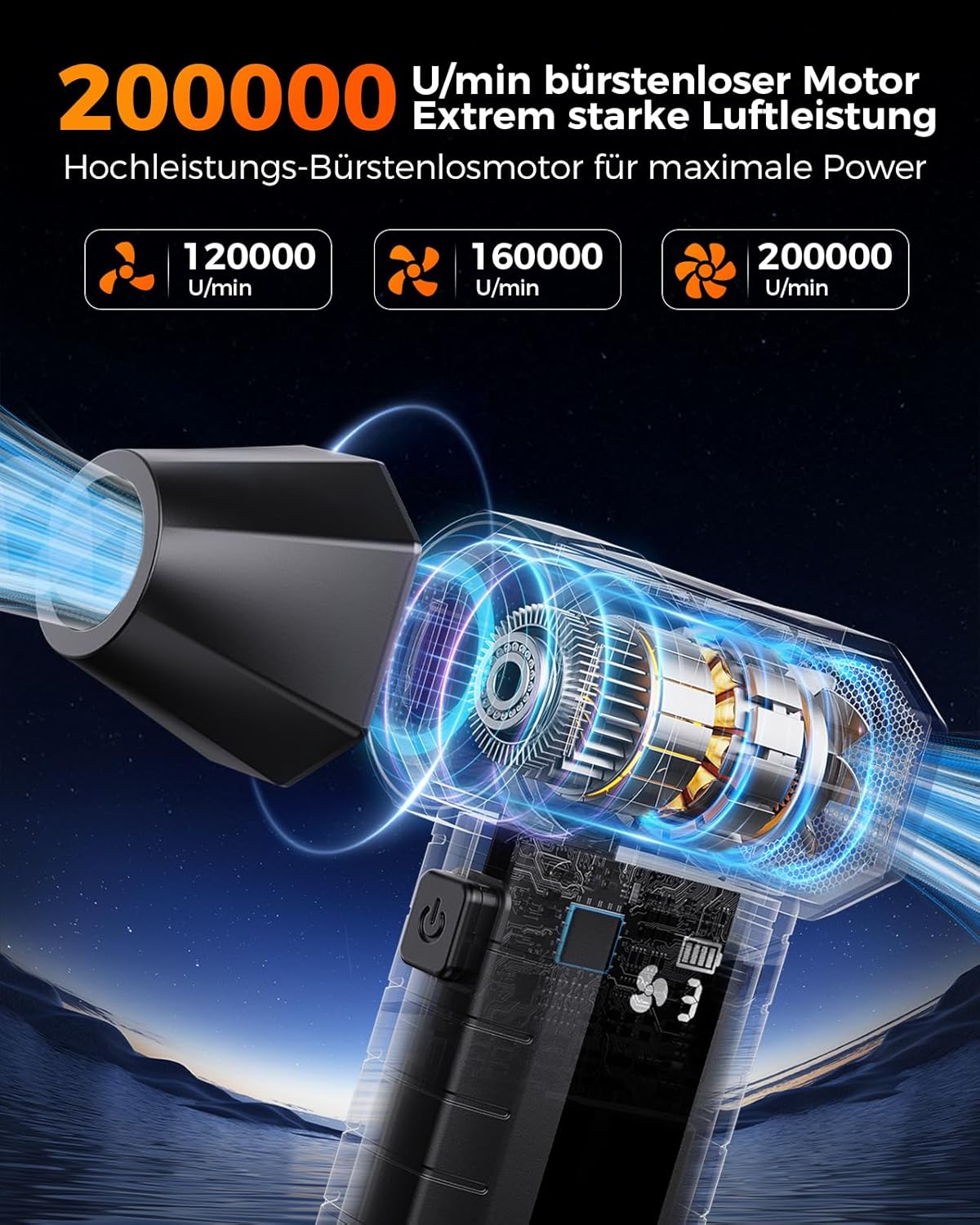 Elektrischer Air Duster W20B mit LED & Smart-Display, Schwarz