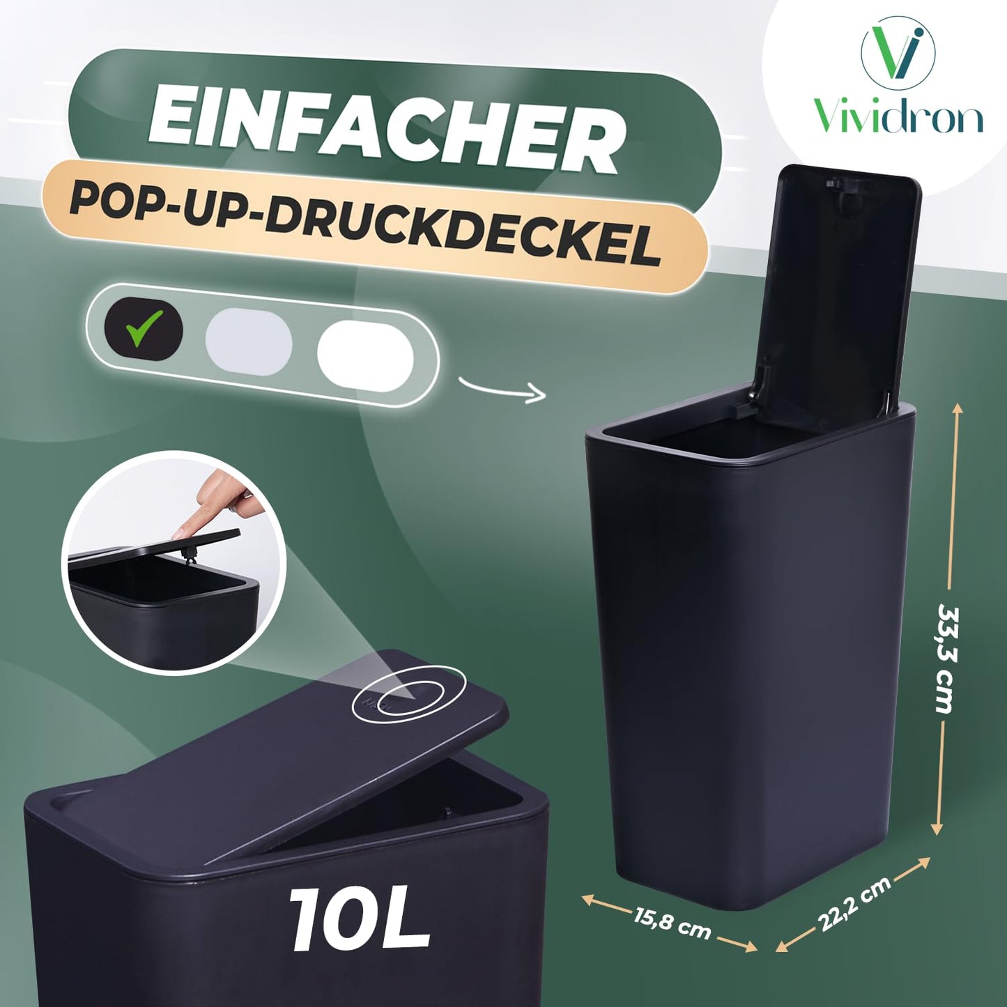 Mülleimer mit Druckdeckel, Schwarz