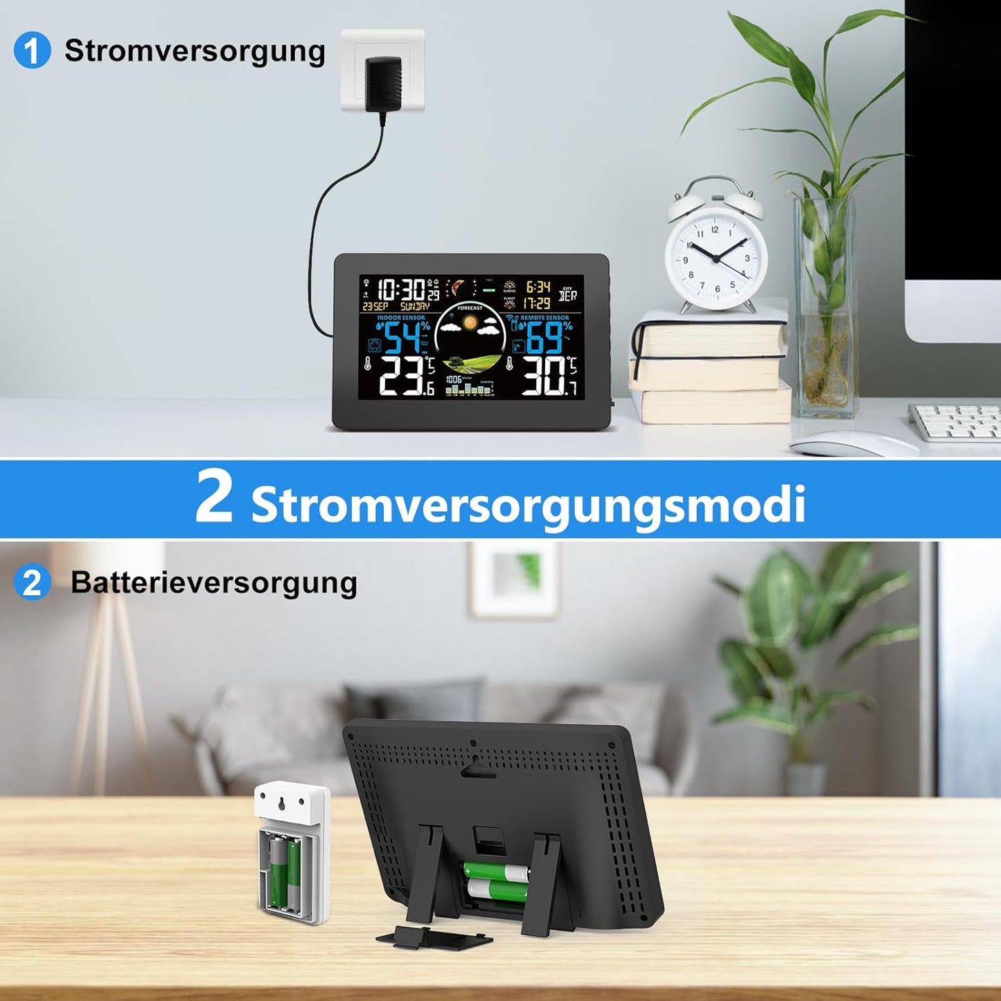 Wetterstation mit Aussensensor & Funkuhr, Schwarz