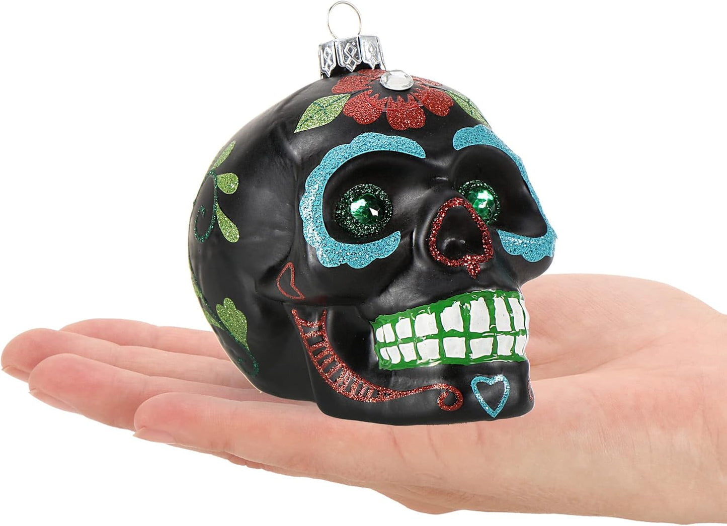Weihnachtsbaumschmuck Totenschädel, 01 Stück - Schwarz/Grüne Augen