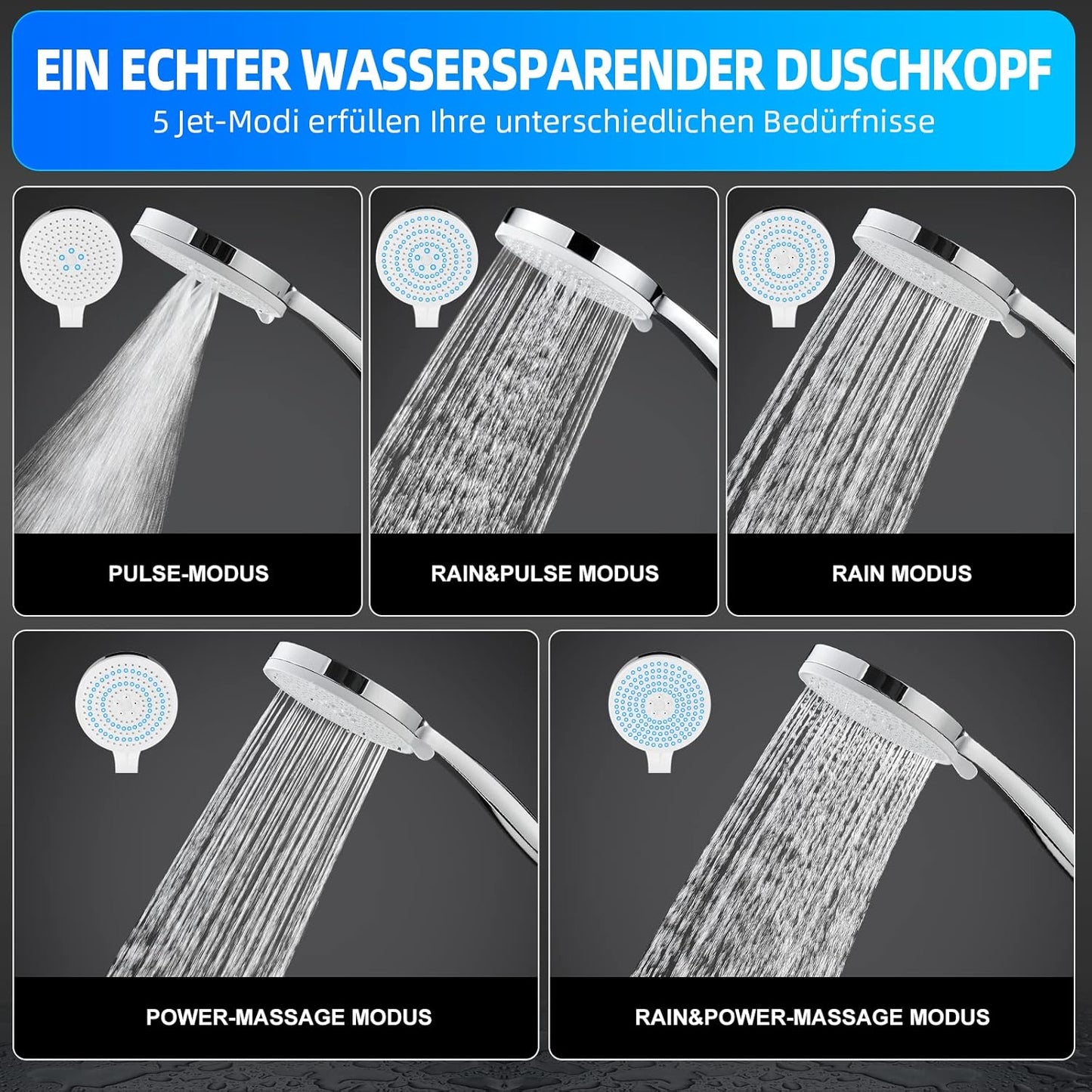 Wassersparender Duschkopf mit 5 Strahlarten, 5 Strahlarten-chrom