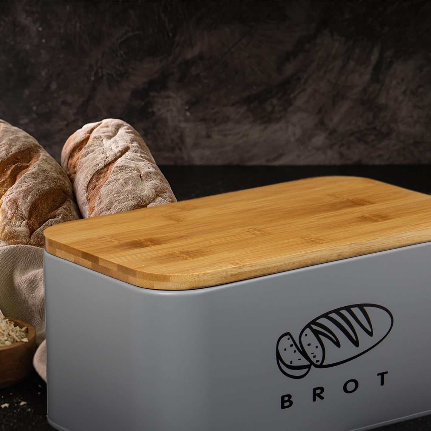 Retro Brotkasten mit Bambusdeckel, Grau-30cm