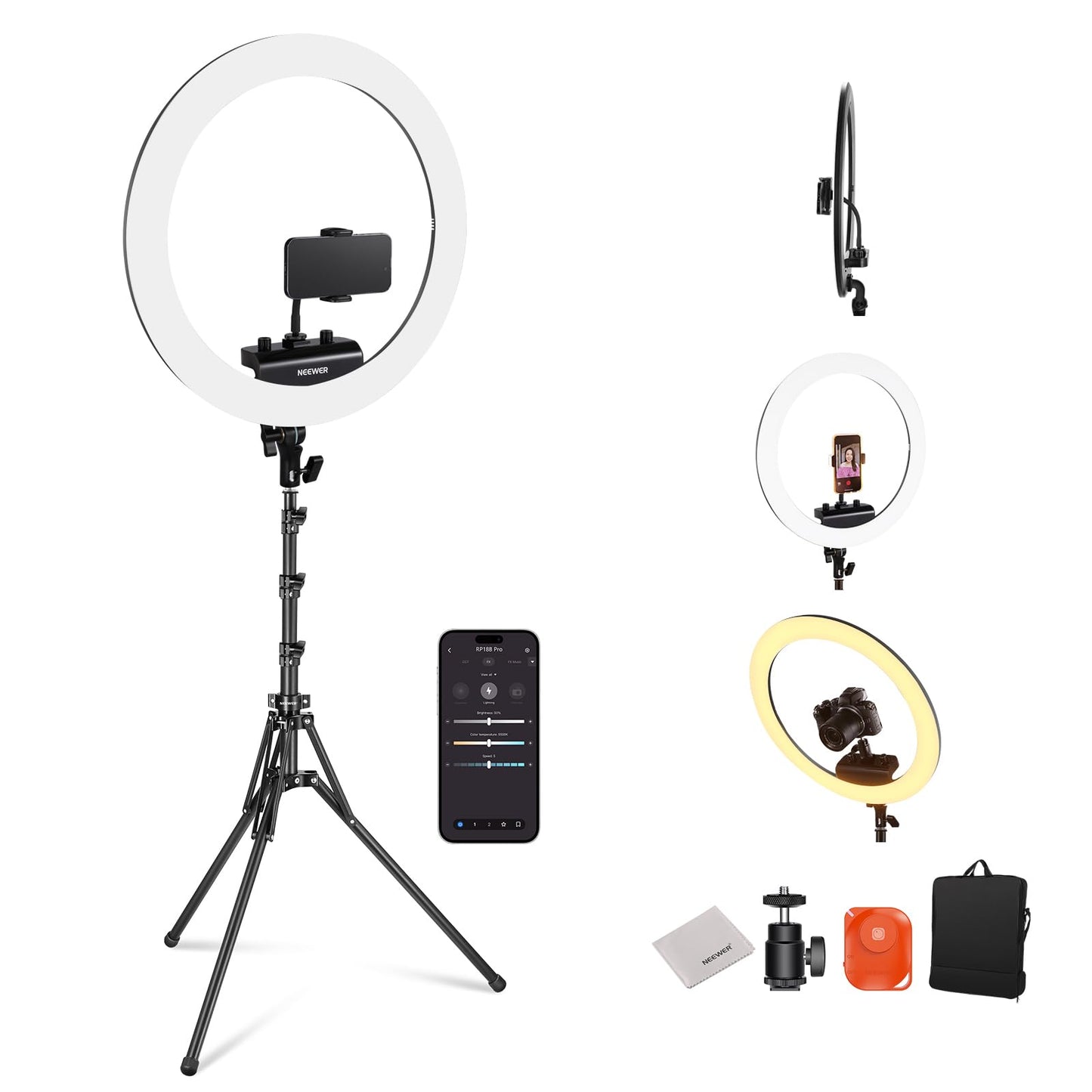 Ringlicht RP18B Pro mit Stativ und Handyhalterung, RP18B Pro mit Reinigungstuch