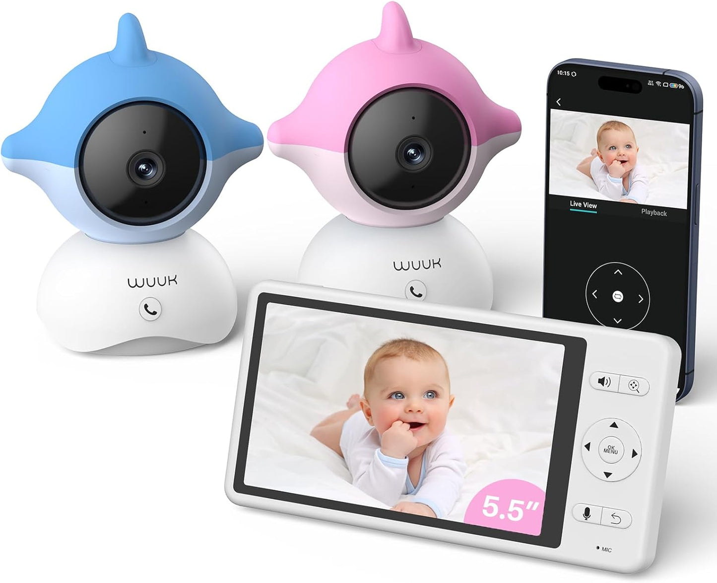 2K Babyphone-Set mit 360° PTZ Monitor und 2 Kameras, Rosa und Blau-2 Packung