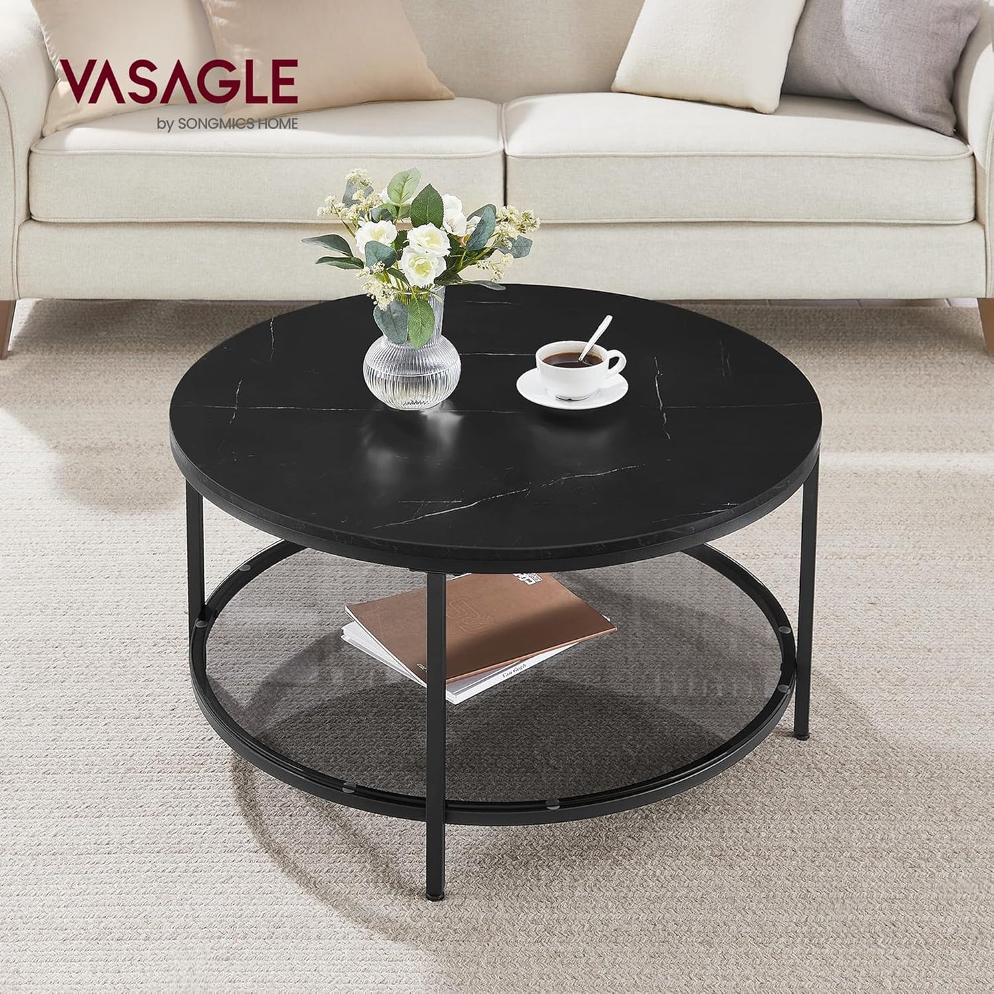 Moderner Couchtisch mit Glasplatte und Stauraum, LCT071B58, 80d cm Marmorschwarz + Tintenschwarz