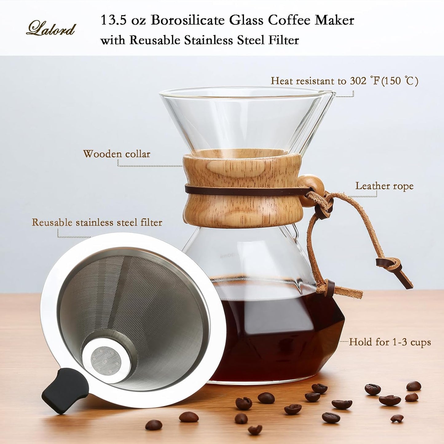 Pour Over Kaffeebereiter mit Edelstahlfilter, 400 ml, 400 ml