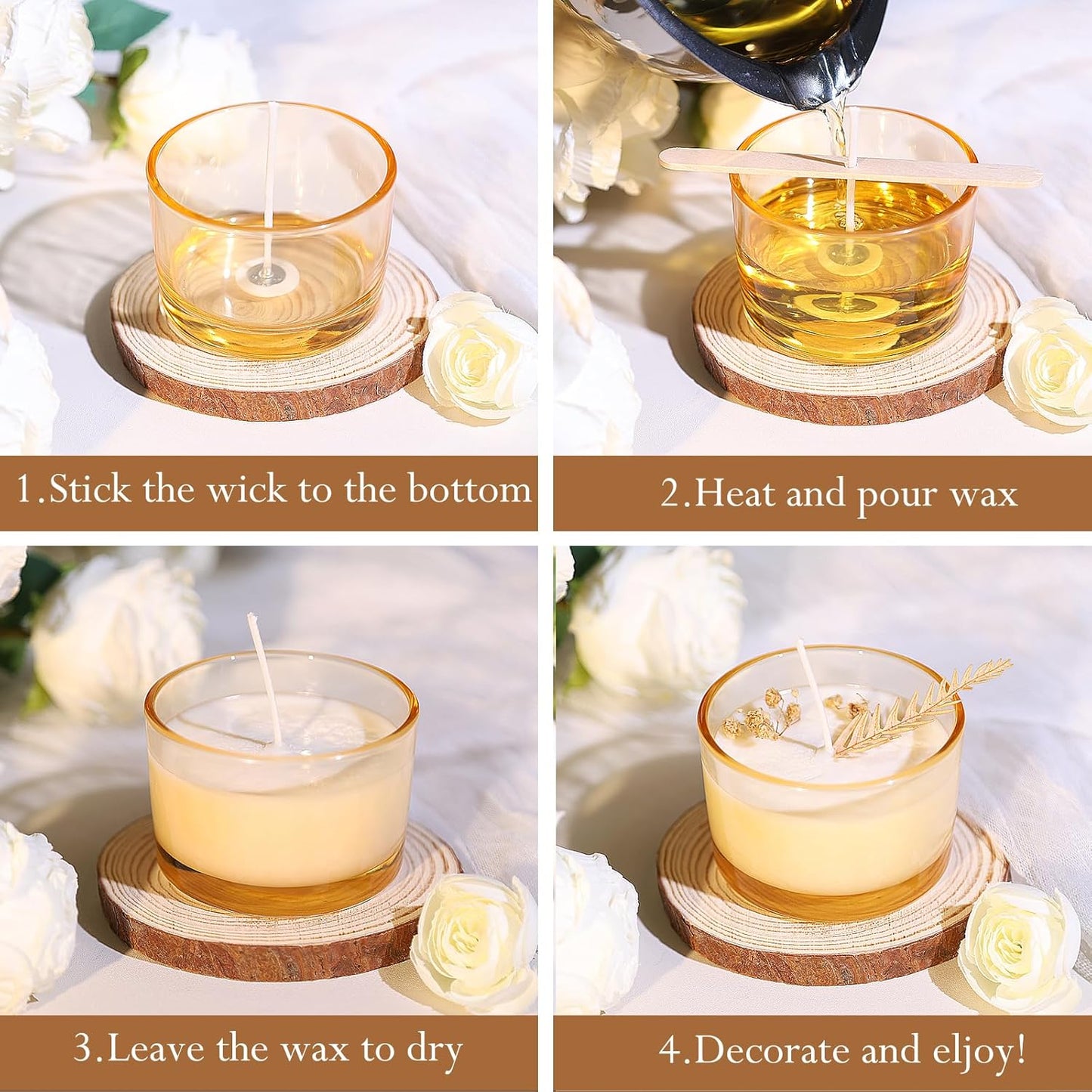 Kerzengläser-Set mit Bambusdeckeln, Amber/Champagner