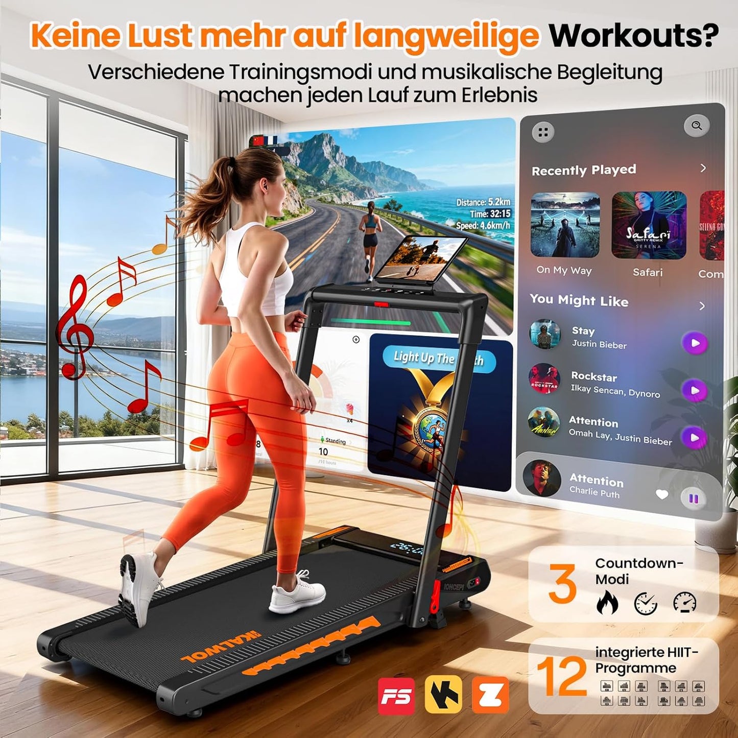 Bluetooth-Laufband mit Steigung & HIIT, Schwarz-orange