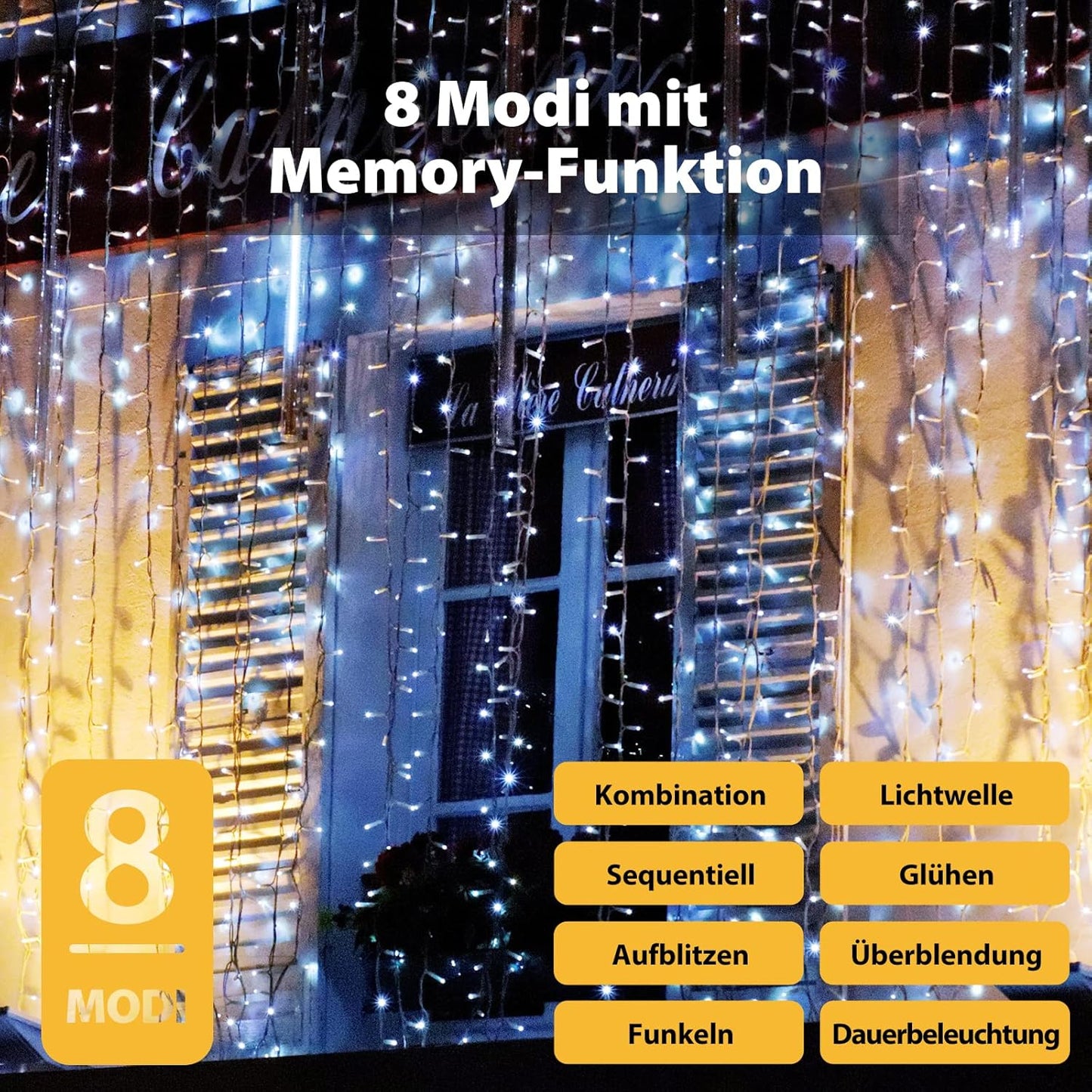 LED Lichtervorhang 3x3m mit 8 Modi und Memory-Funktion, 3*3m Kaltweiss