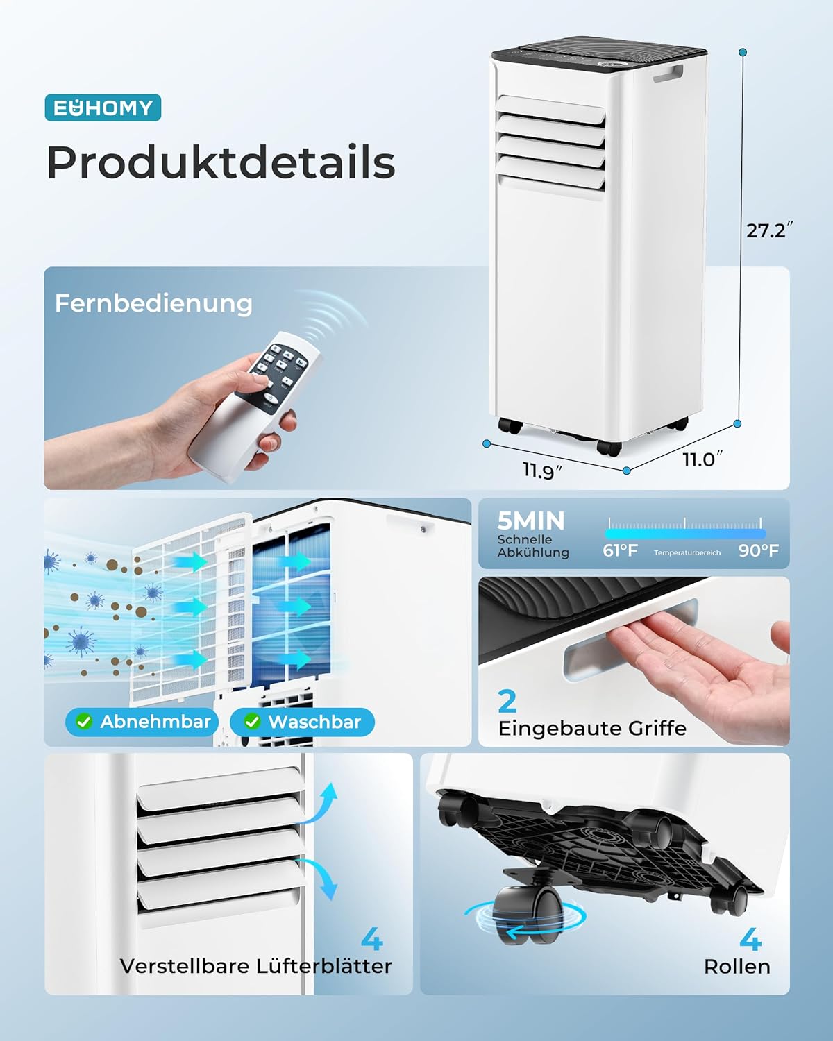 4-in-1 mobile Klimaanlage mit Abluftschlauch, 9.000 BTU