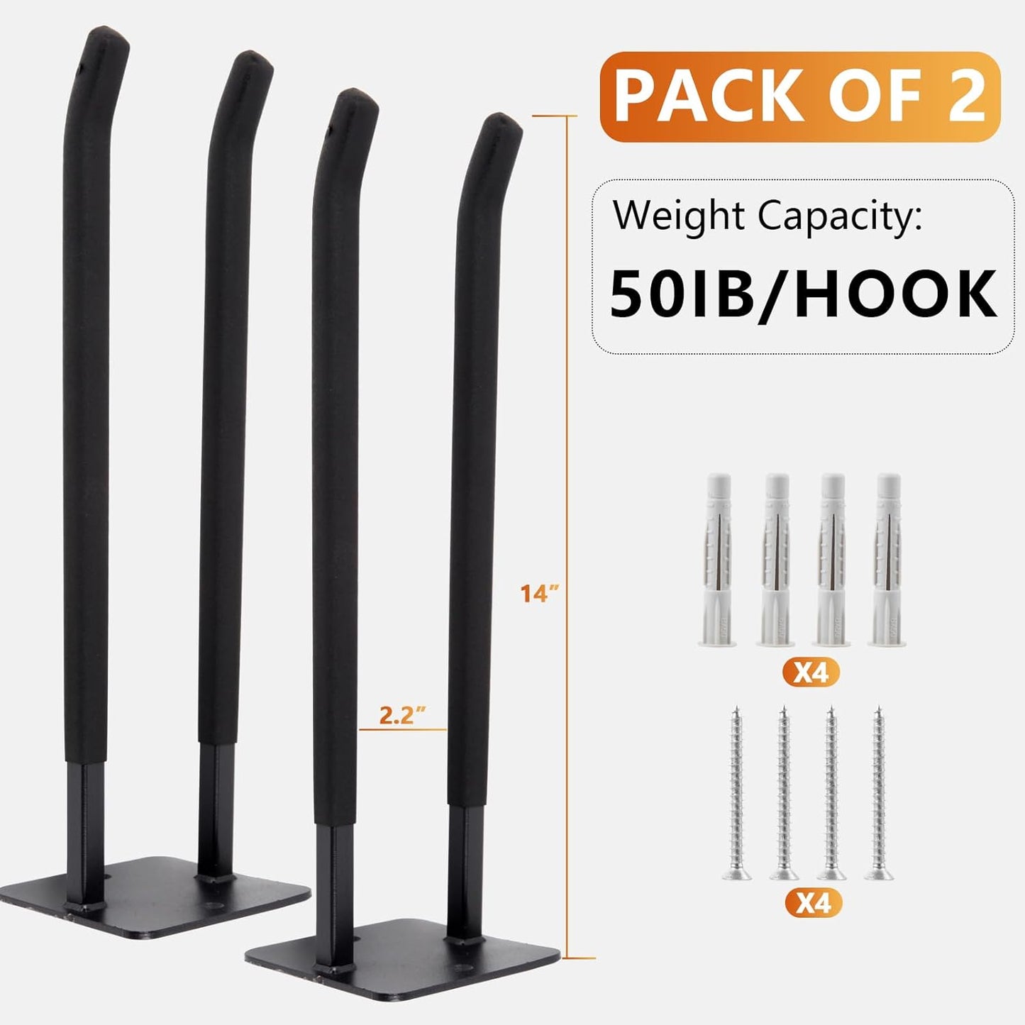 2-teiliges Garagenhaken-Set, 2 Stück Vierkantrohrhaken -14"
