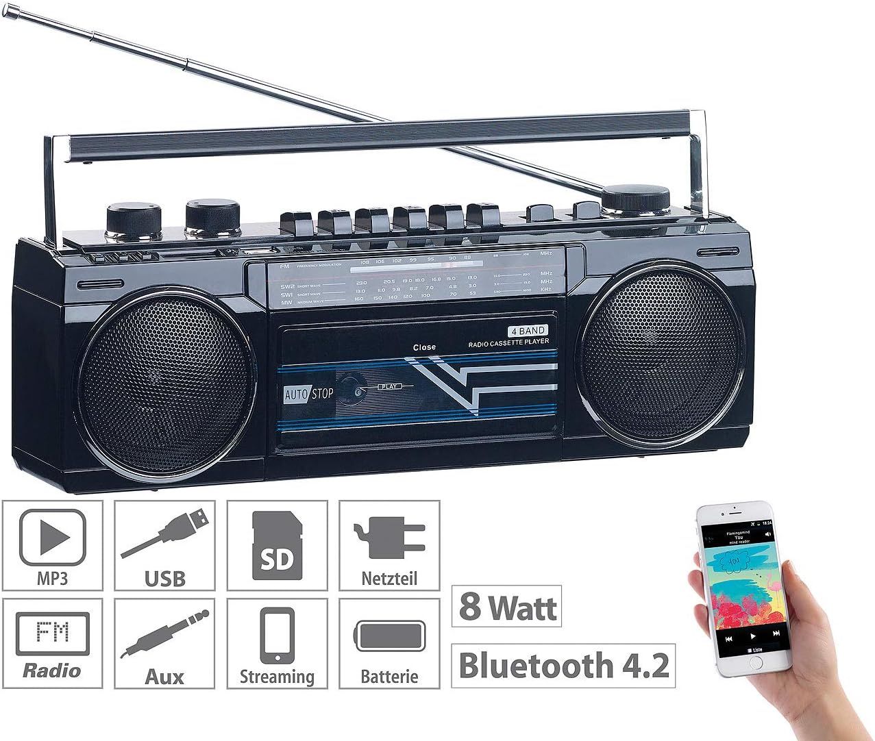 Retro-Boombox mit Kassetten-Player & Bluetooth