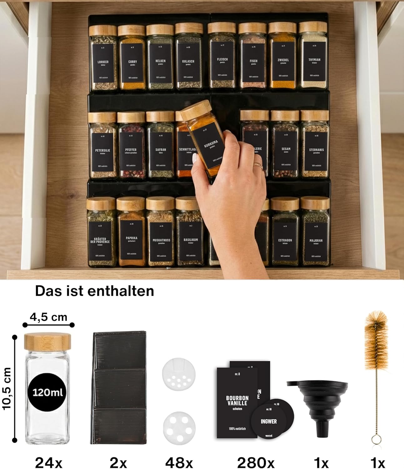Gewürzgläser-Set mit Schubladeneinsatz, 24 Stk, ausziehbar, Schwarz, Deckel Bambus