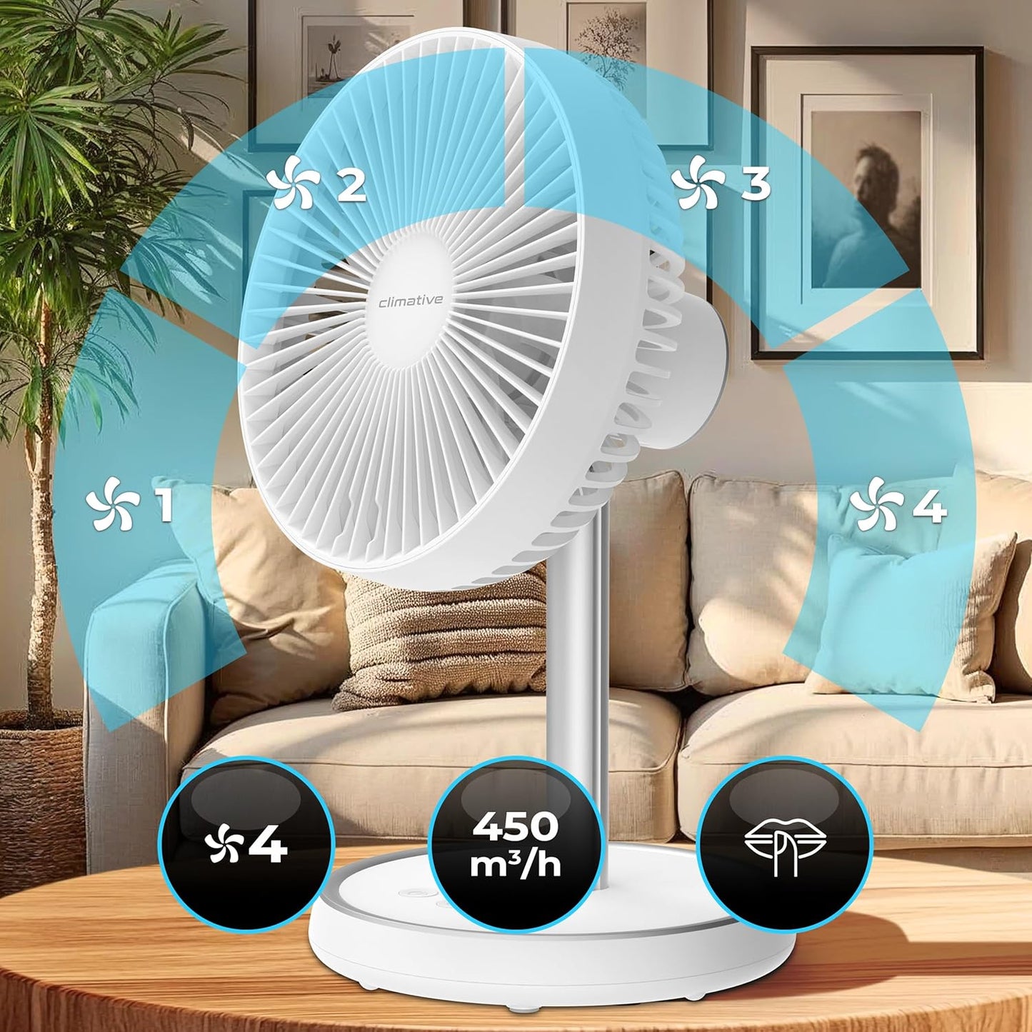 Leiser Akku Tischventilator, Weiss 20 cm