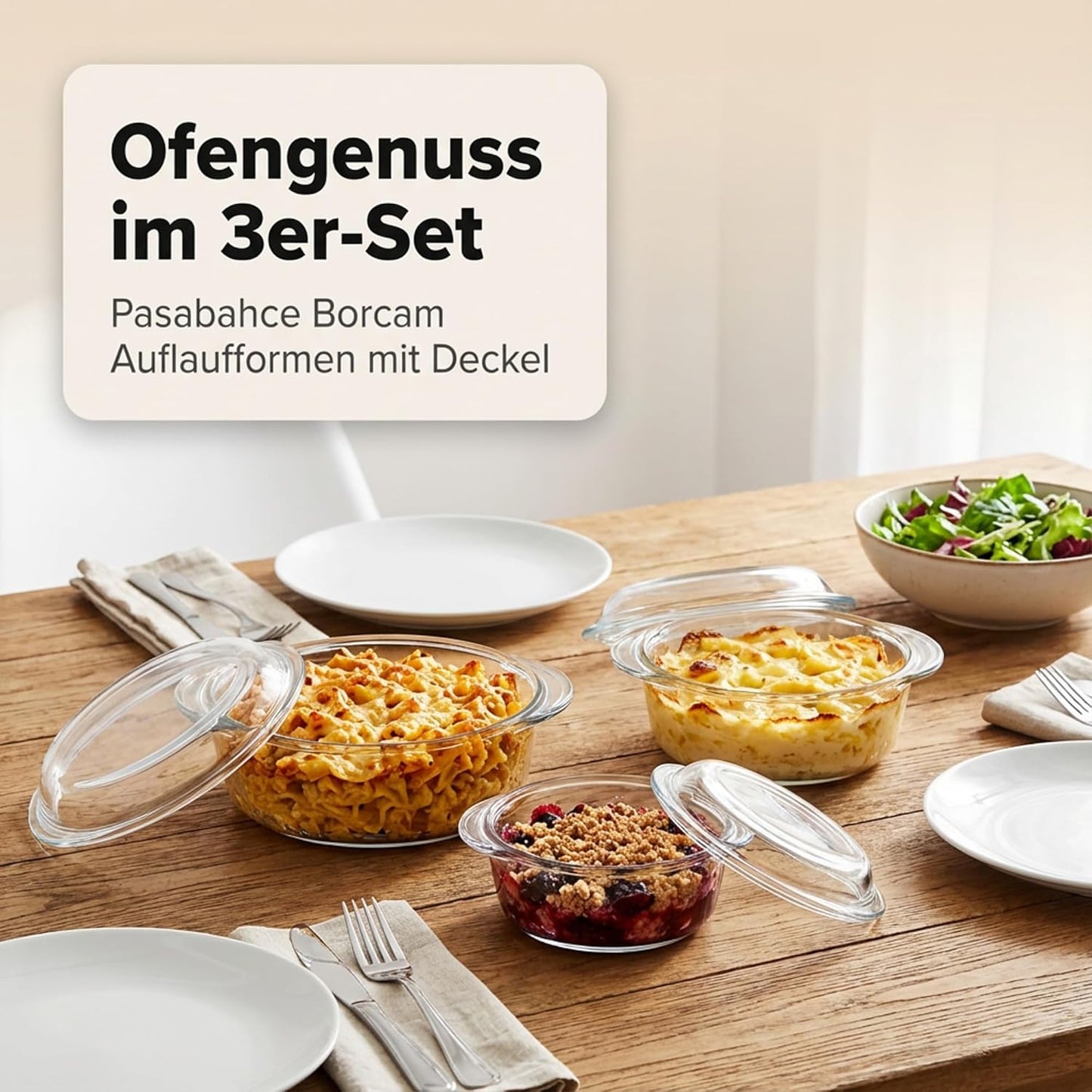 Runde Auflaufformen 3er-Set, mit Deckel, Pasabahce Borcam Serie, Auflaufformen 3tlg. rund mit Deckel
