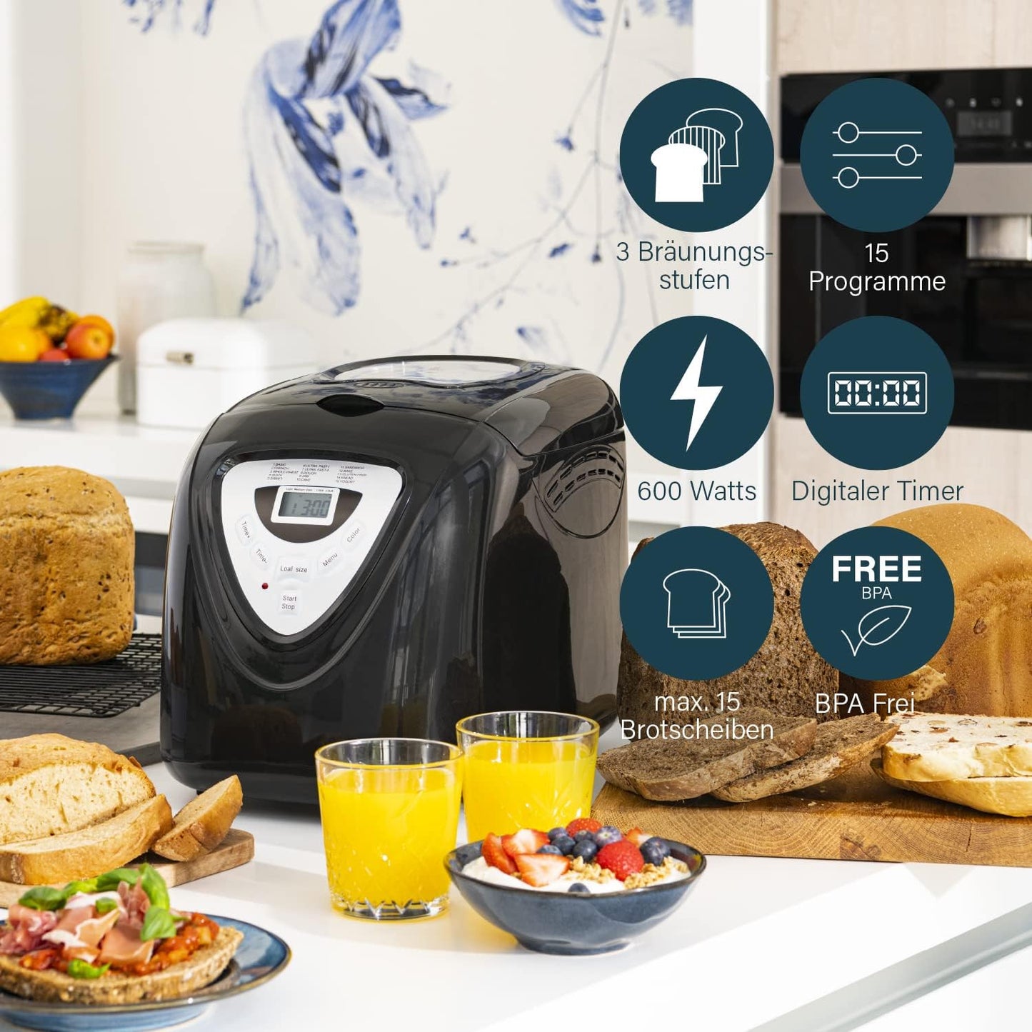 Brotbackautomat mit Digital-Timer und Warmhaltefunktion