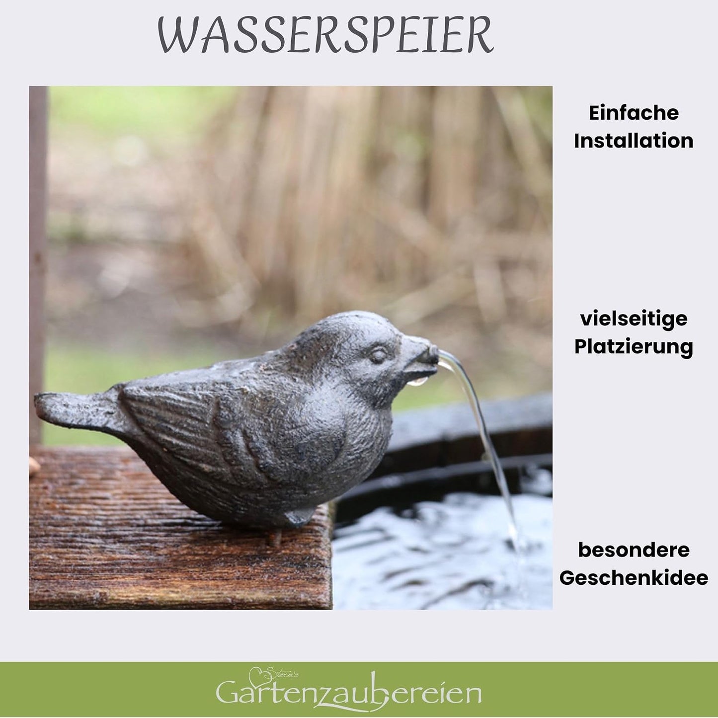 Wasserspeier Spatz mit Solarpumpe (Gusseisen)