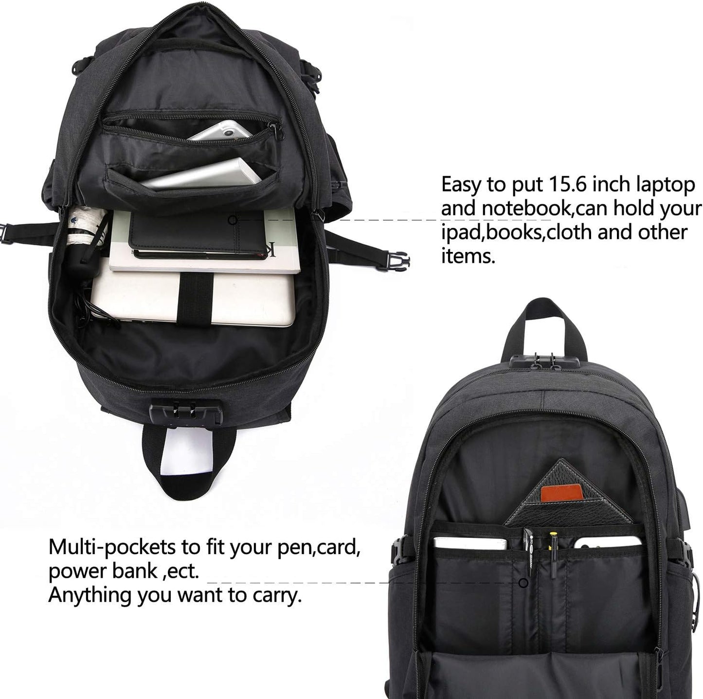 Laptop Rucksack Anti-Diebstahl mit USB-Anschluss, 15,6 Zoll ; Schwarz