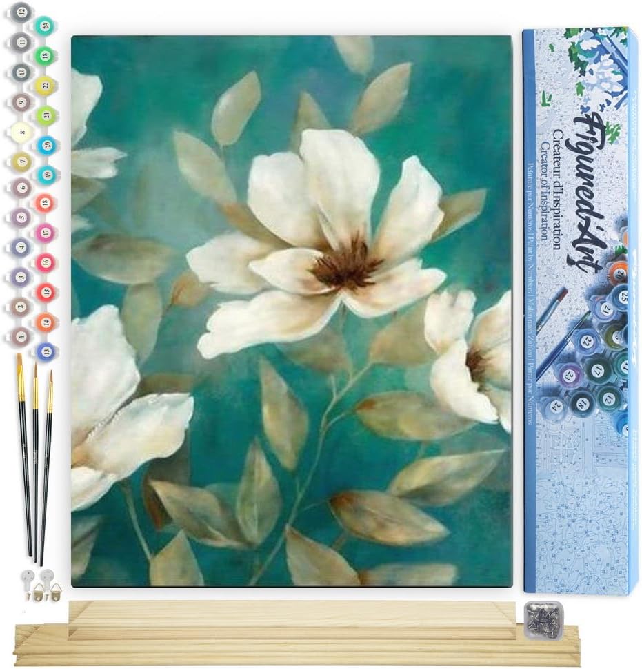 Malen nach Zahlen Set - Abstrakte Blüten, Weiße Blüten abstrakt 40x50cm Mit Keilrahmen (nicht gespannt)