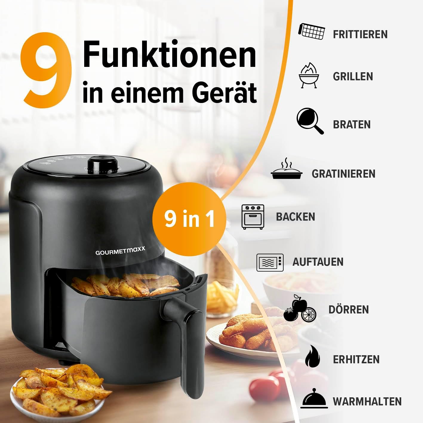 Heissluftfritteuse mit 9 Funktionen & Timer, 2,3 Liter