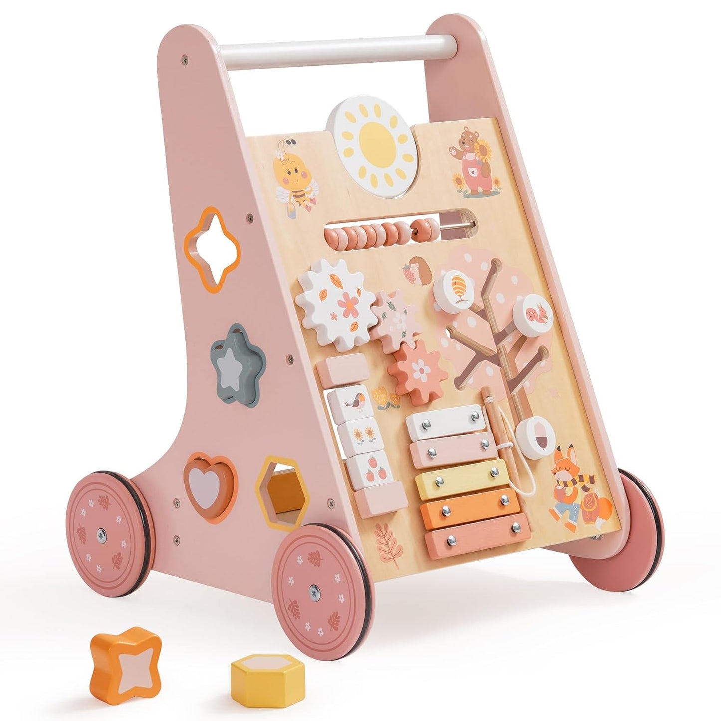 Lauflernwagen aus Holz mit Aktivitätscenter, Rosa