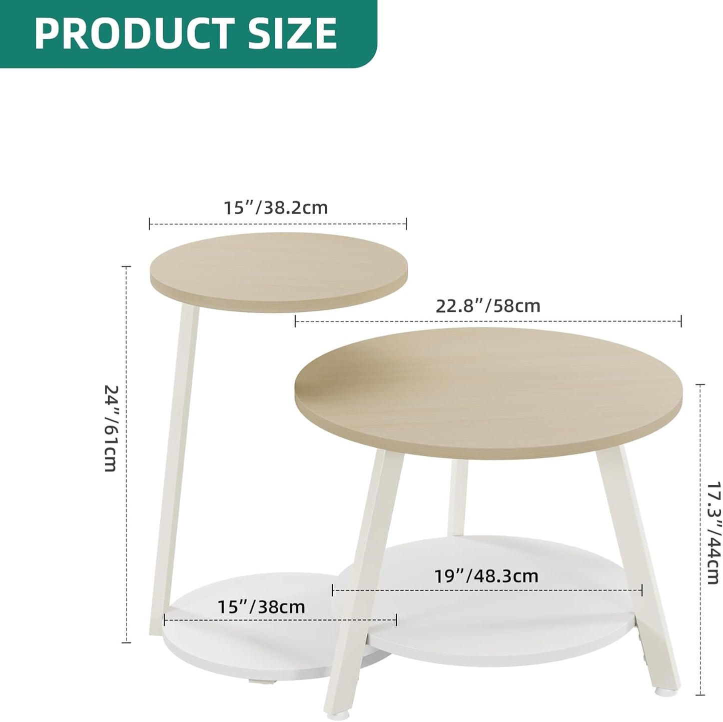 Runder Couchtisch Set mit Stauraum, 2er-Set, Eiche