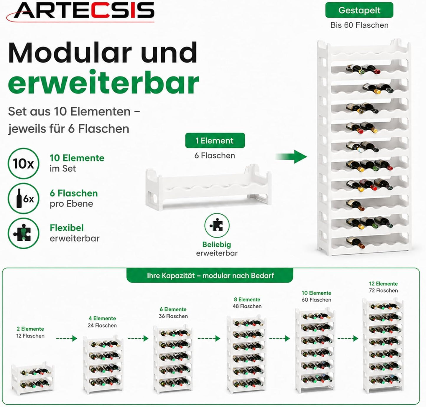 Stapelbares Weinregal, Weiss 60 Flaschen