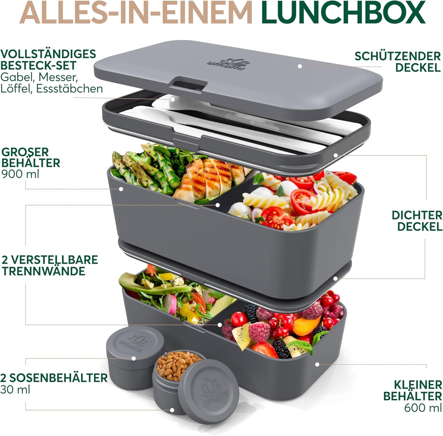 Lunchbox Nestable L, L - 1500 ml ineinander stapelbar Kohlengrau