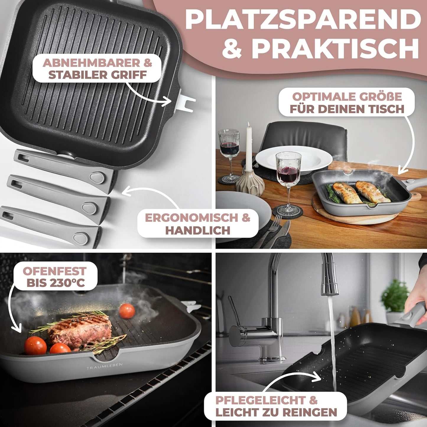 Grillpfanne mit Ausguss & abnehmbarem Griff, Grau