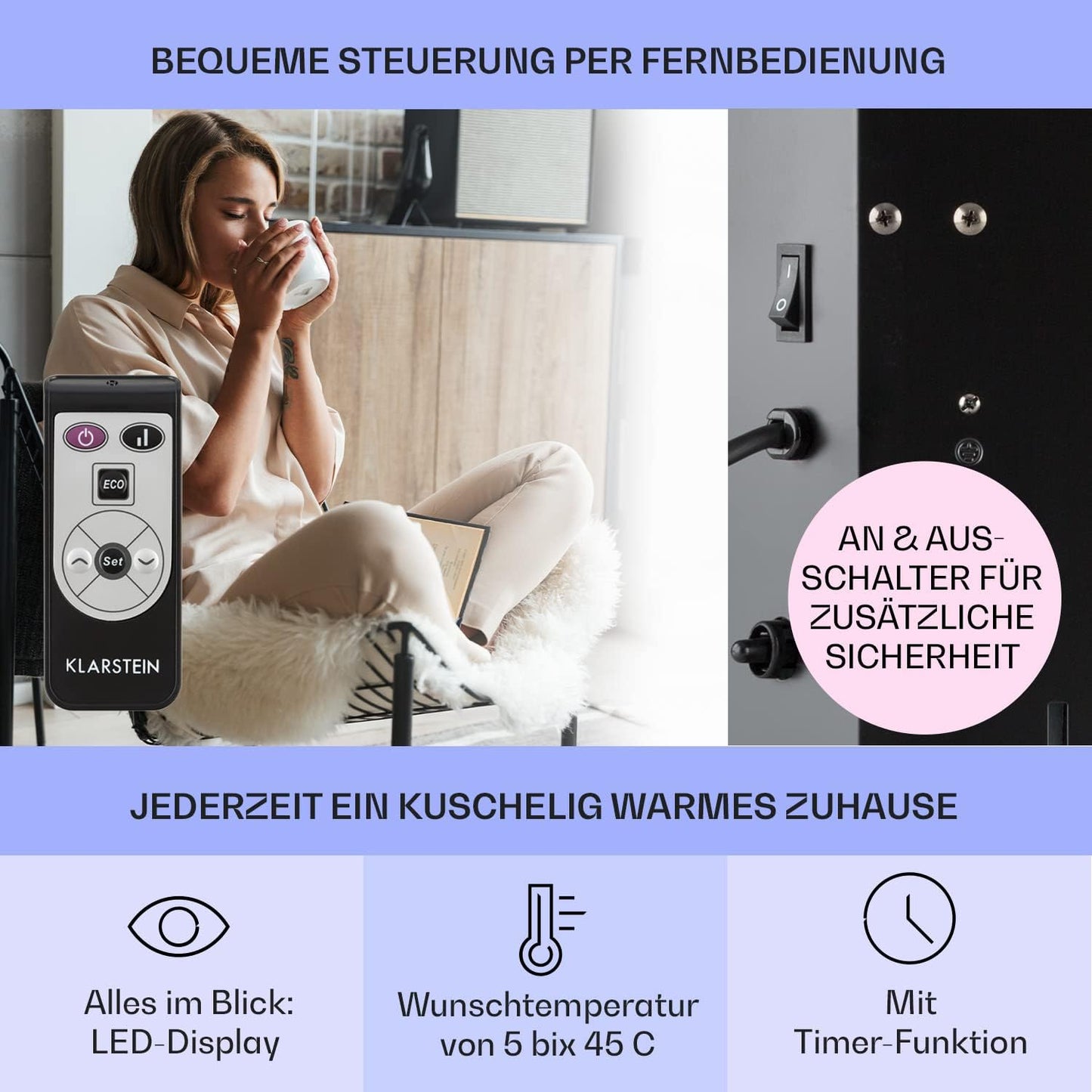Elektroheizung mit Bodenrollen, Schwarz ; Bornholm Single