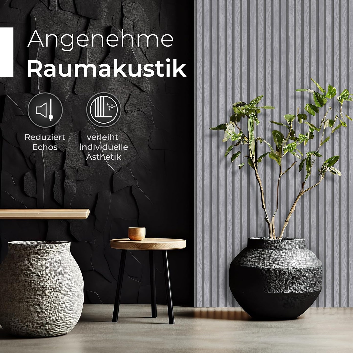 2 Stück 3D-Akustikpaneele, 2 Stück | je 120 x 60 x 2,1 cm, Holzfurnier Birne | Akustikfilz Grau