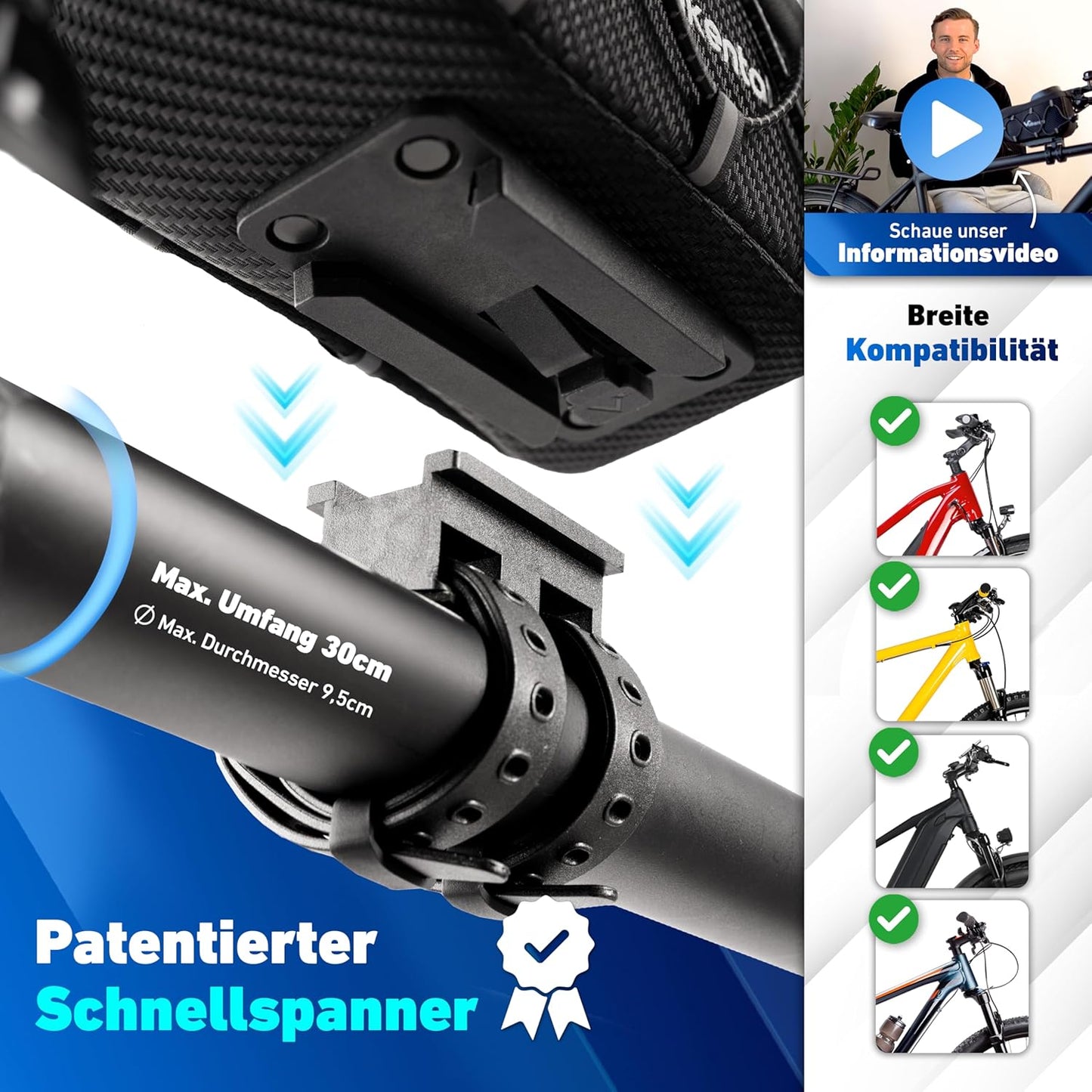 Rahmentasche mit Schnellspanner & Handyfach, Schwarz mit Handyfach