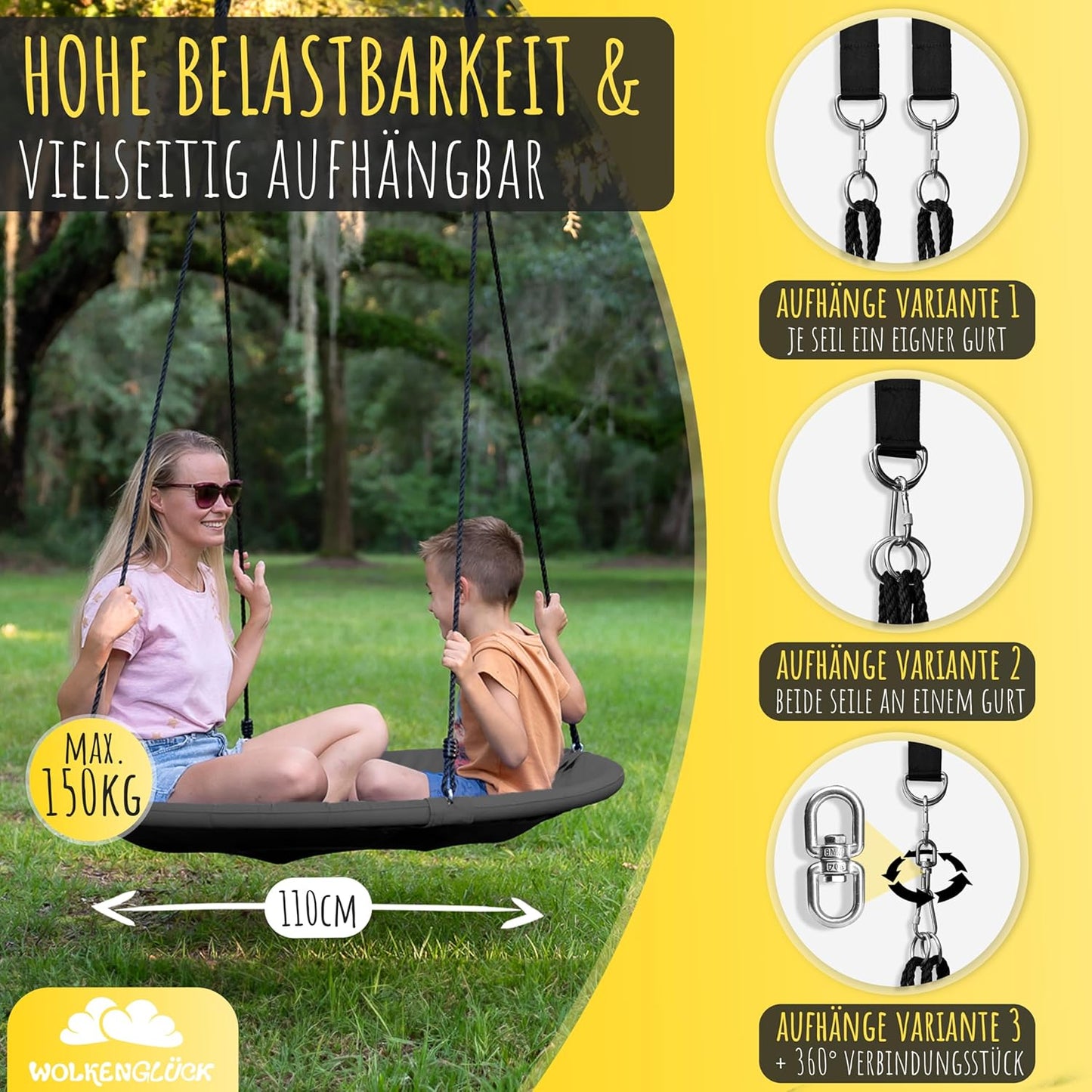 Höhenverstellbare Nestschaukel für Kinder & Erwachsene, Grau - 110cm Durchmesser