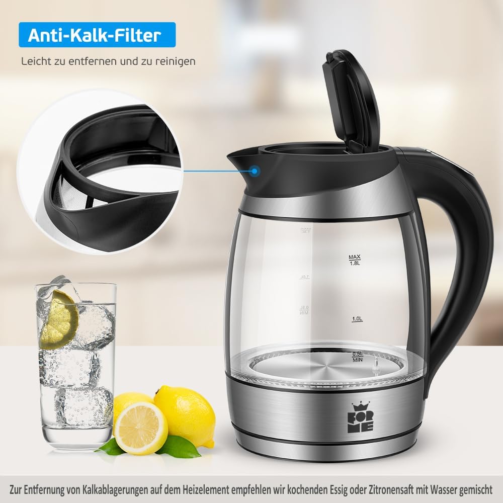 Glas-Wasserkocher mit Temperaturwahl (1,8L), Ohne Teesieb 418