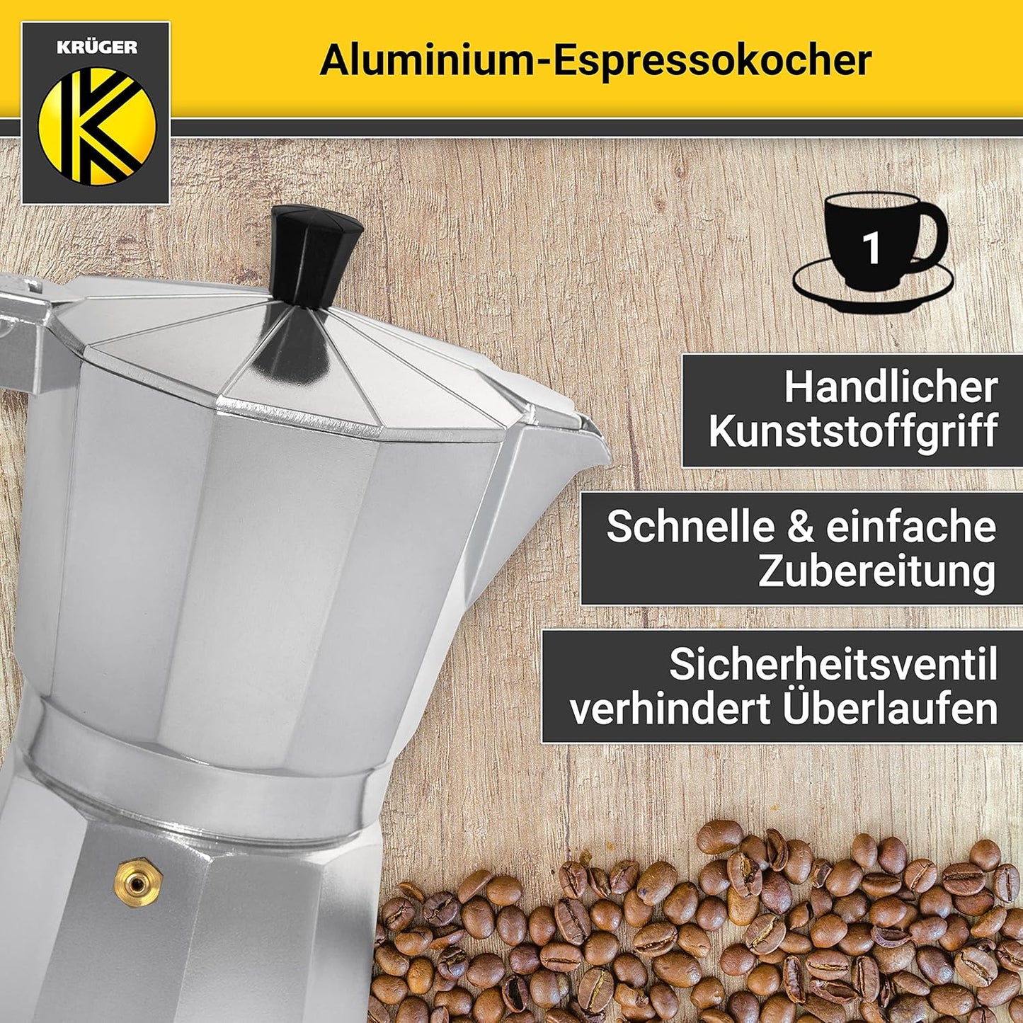 Espressokocher mit Sicherheitsventil (1 Tasse), Silber 1 Tasse