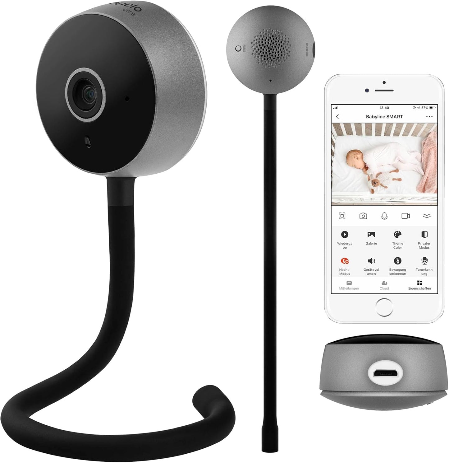 Care Babyline Smart mit Kamera, Nachtsicht, Bewegungs- und Geräuscherkennung, Schwarz