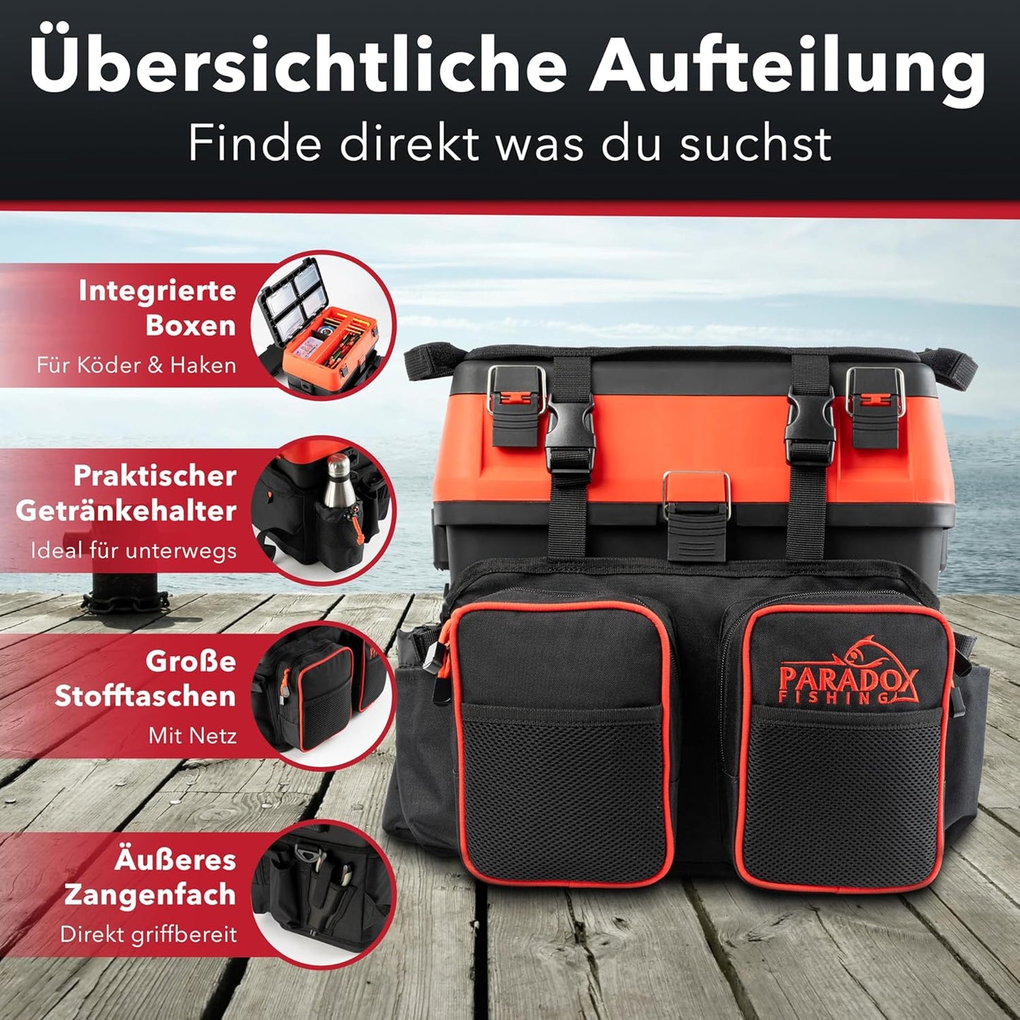 2in1 Angelrucksack mit Sitzfunktion, Schwarz/Rot