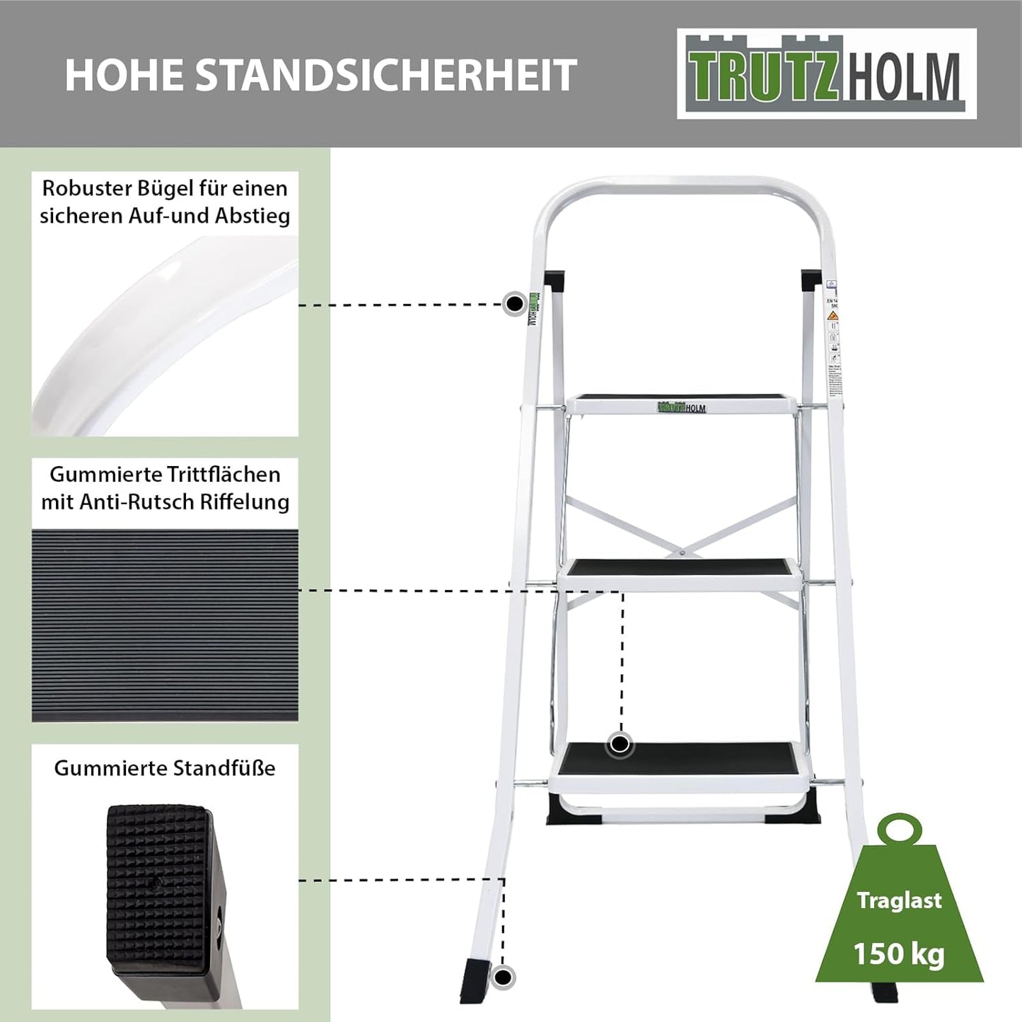 Klapptritt mit 3 Stufen und Sicherheitsverriegelung, 3 Stufen Weiss
