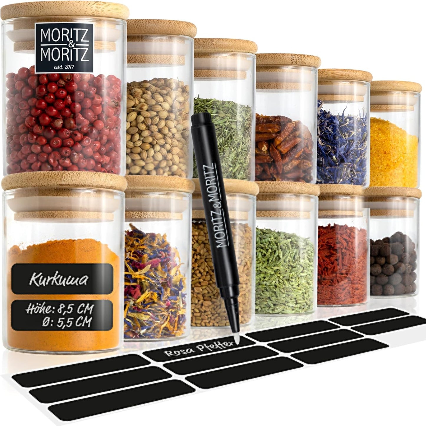 Gewürzgläser-Set mit Bambusdeckel (24 Stück), 24