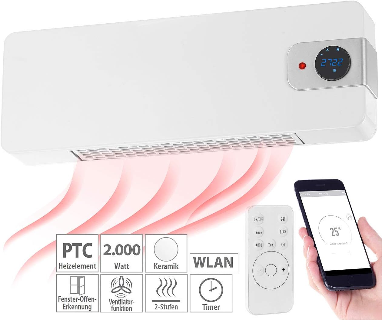 WLAN-Keramik-Wandheizlüfter, Weiss, Kompatibel mit Google & Alexa