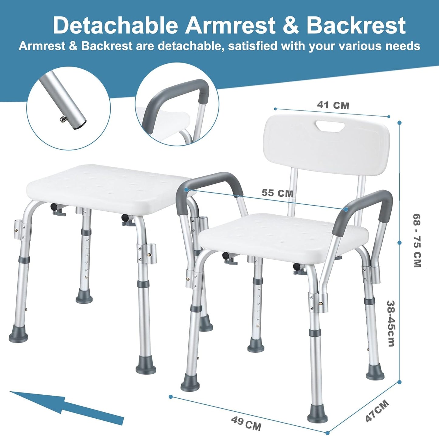 Höhenverstellbarer Duschstuhl mit Armlehnen und Rückenlehne, with backrest