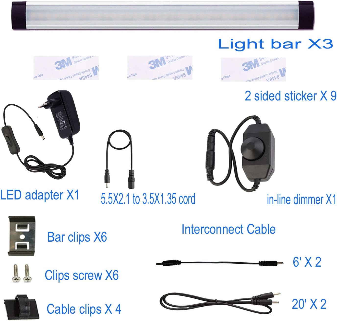 Unterbauleuchte LED Dimmbar 3er-Set mit Schalter, Kaltesweiss 3-Bar-Kit