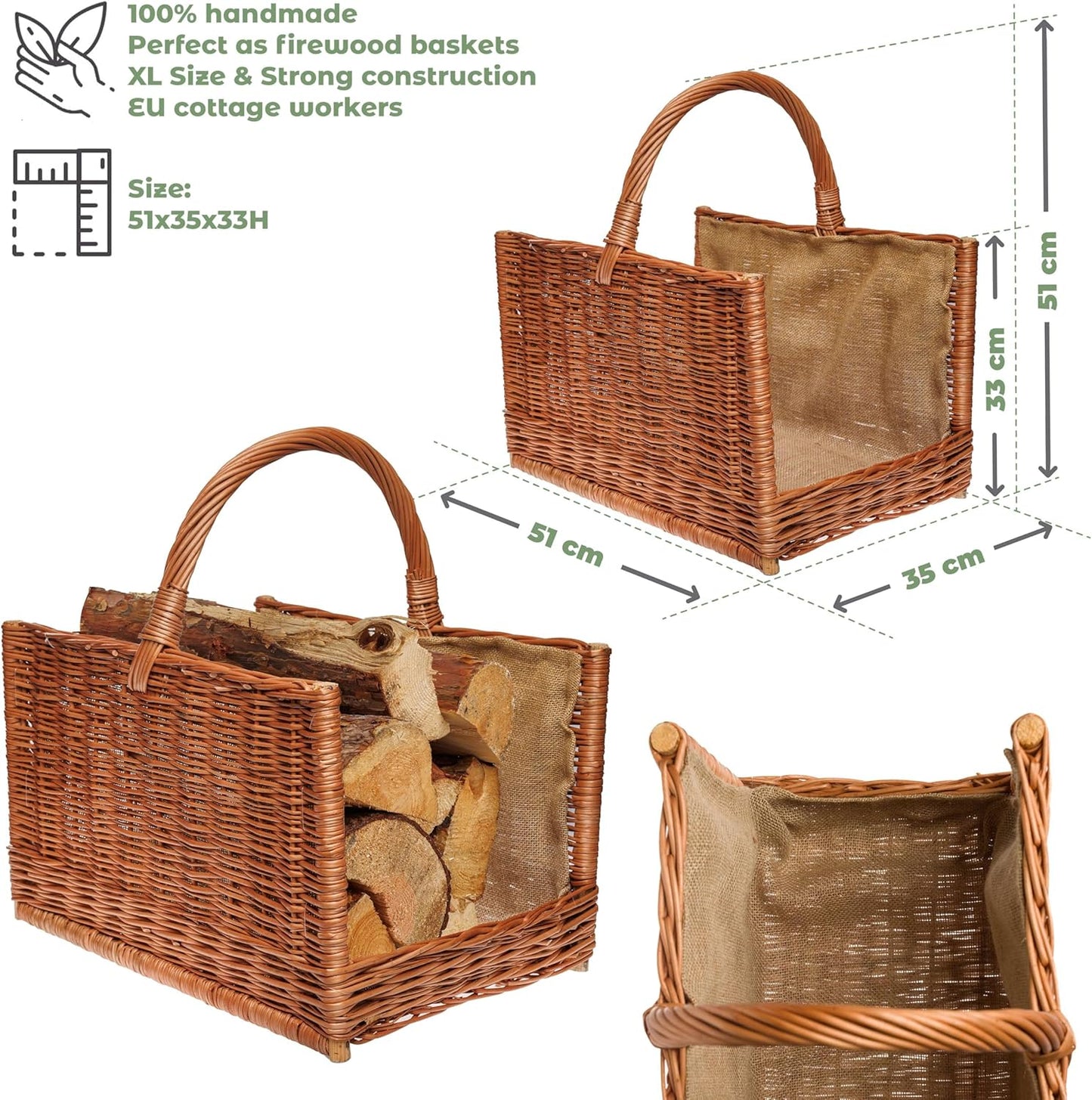 Weiden-Brennholzkorb mit Griff, 51 x 33 x 35cm